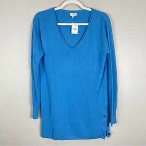J. Crew Linen Sweater Womens Small V-Neck Long Sleeve Button Side Blue Preppy